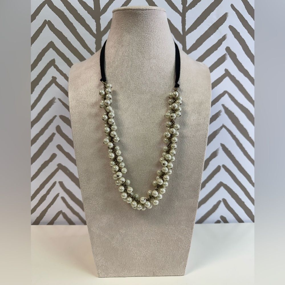 J Crew Pearl & Black Ribbon Tie Necklace